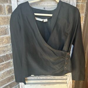Vintage Michel Bruche Black  Silk V Neck Blouse Buttons Sz 6 Shoulder Pads.